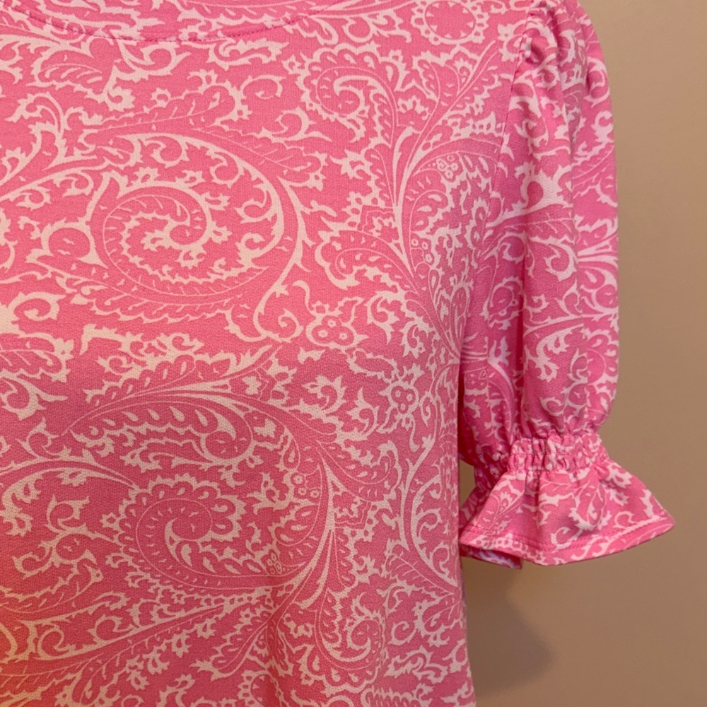 Crown & Ivy Pink Paisley Puff Sleeve Shift Dress Stretch Knit Size M - Picture 3 of 6